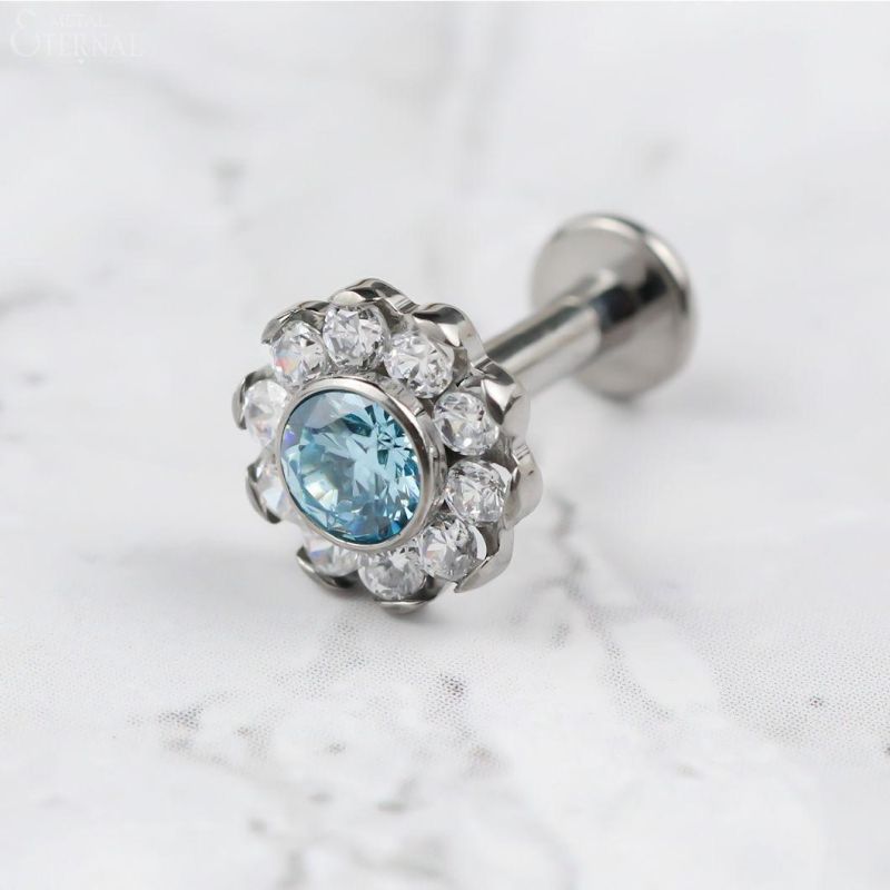 Eternal Metal ASTM F136 Titanium Internally Threaded Labret with Blue CZ and Clear CZ Body Piercing