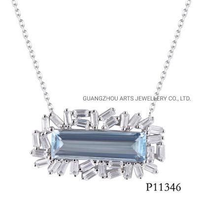 Baguette Cut Light Blue Stone Silver Personalized Necklace