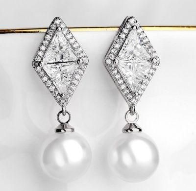 Silver CZ Earring. Fashion Pearl CZ Earring, Bridal CZ Earring for Wedding