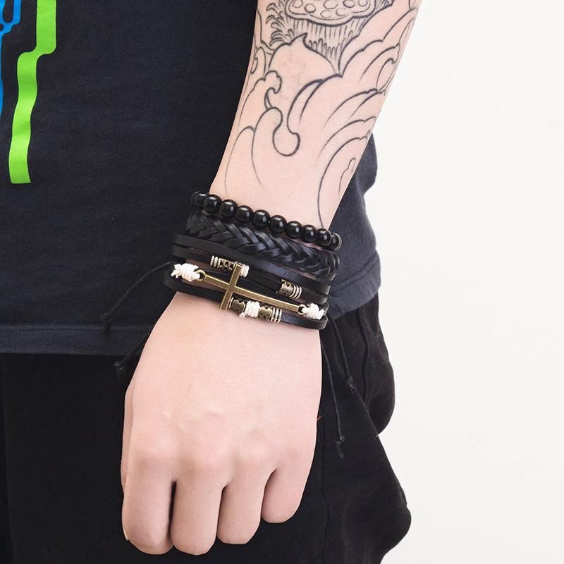 3 Piece Leather Cuff Bracelet for Men and Women Punk Rock Braided Bracelet Via Brown Black Wristband Handmade Jewelry