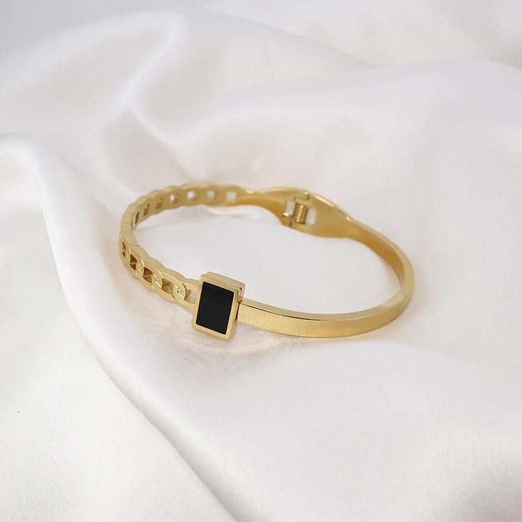 Fashion Custom Chain Black Arylic Square with Ring Set Women PVD 18K Gold Plated Trendy Dainty Bracelets Bangles Stainless Steel Jewelry