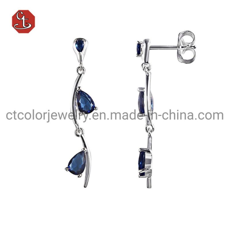 Dangle Shiny Luxury Tassel Earrings Pear Shape Blue Gem Stone Silver or Brass Earring