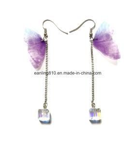 Sheer Fabrit Butterfly Tassel Drop Earrings with Crytal Water Cube