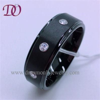 Black Tungsten Ring with White Zircon Stone