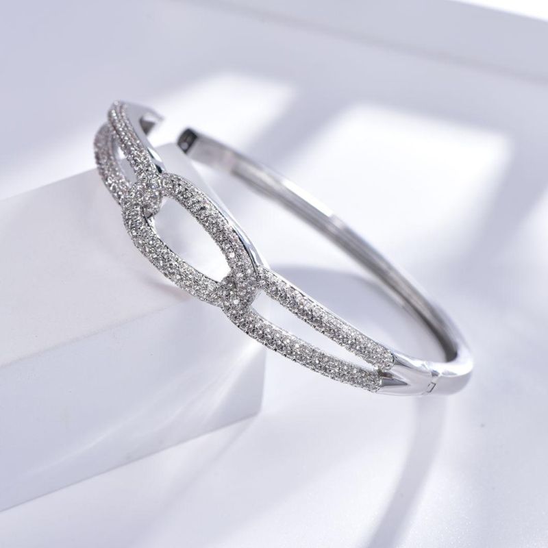 Elegant Brass 925 Sterling Silver White Gold Plated Rhinestone Cuff Cubic Zircon Paved Infinity Bangle