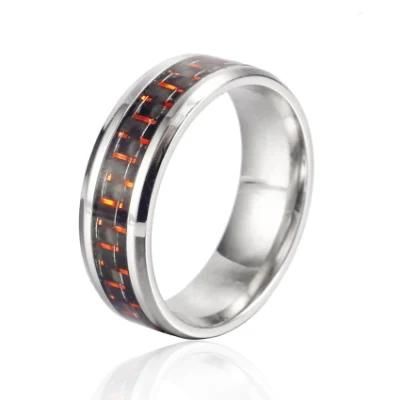 Red Black Carbon Fiber Silver Dragon Inlay Fits Comfortably in a Stainless Steel Ring for a Man&prime;s Wedding Ring