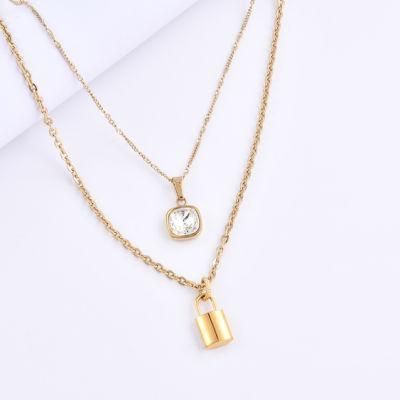 Special Sale Fashion Double Layer Necklaces with Two Zircon Stone and Lock Pendant as Gift