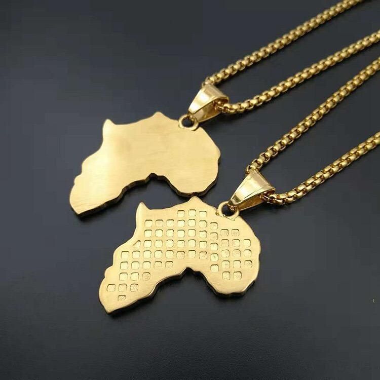 18K Gold Plated Iced out Rhinestone Stainless Steel Africa Map Pendant