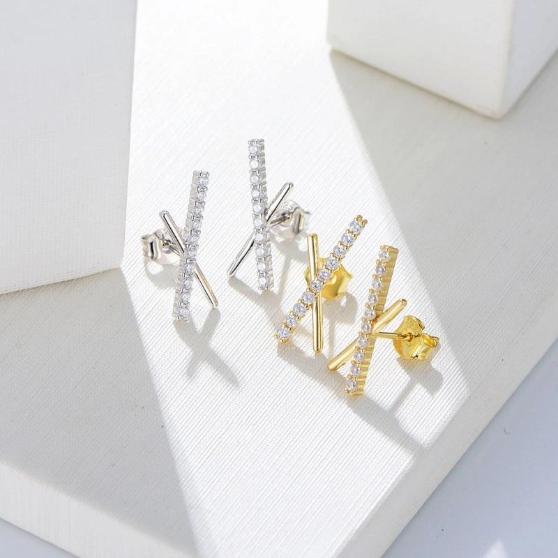 16.5mm Minimalist S925 Sterling Silver CZ Long Bar Symmetric Cross X Stud Earrings Welcome for All Ages
