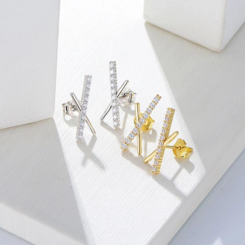 16.5mm Minimalist S925 Sterling Silver CZ Long Bar Symmetric Cross X Stud Earrings Welcome for All Ages