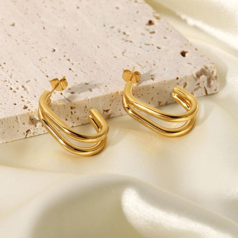 Factory Customized European and American Ins Net Red Same Earrings 18K Gold-Plated 316L Stainless Steel Double Geometry C-Ring Earrings Female Jewelry