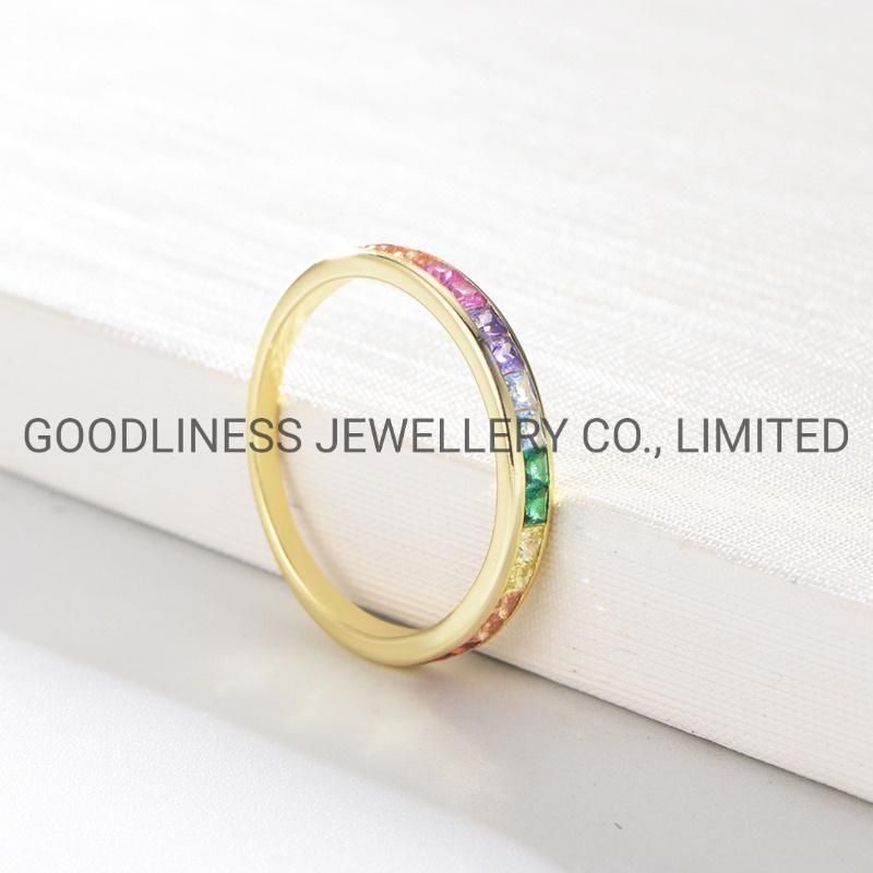 925 Sterling Silver Fine Jewelry Simple Rainbow Color CZ Rings