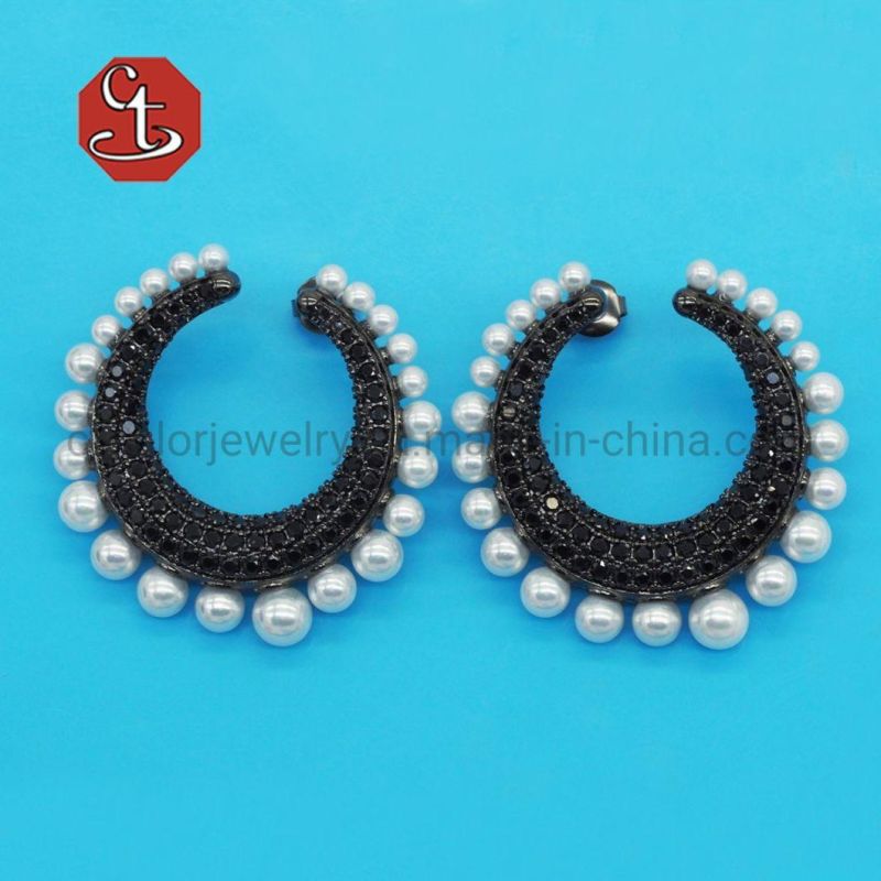 Unique Trendy Micro Pave Cubic Zirconia O Shape Pearl Hoop Earrings for Women Jewelry