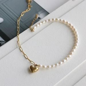 18K Gold Plated Stainless Steel Solid Heart Charm Pendant Freshwater Pearl Necklace for Women
