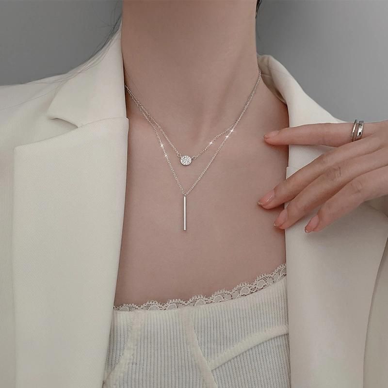 Silver Long Strip Flashing Diamond Round Double Necklace Ladies Clavicle Chain Jewelry