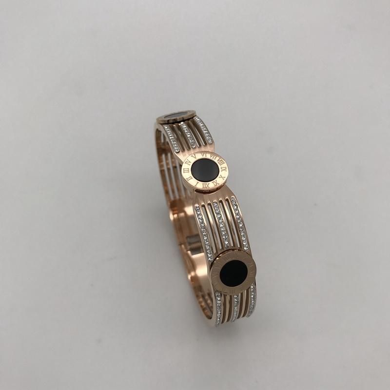 12mm Wide Stainless Steel Roman Numerals Zircon Cuff Bangle Rose Gold Plated Bracelet
