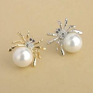 Silver Spider Pearl Stud Earrings