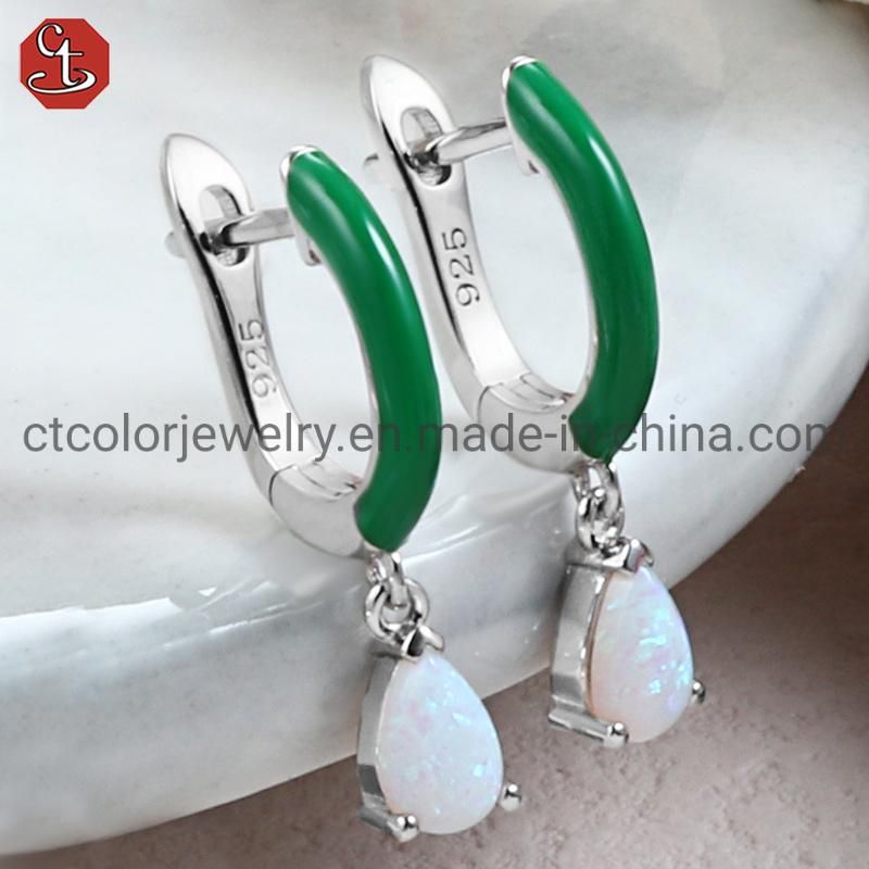 Elegant Silver Jewelry White Enamel Drop Natural stone Earrings