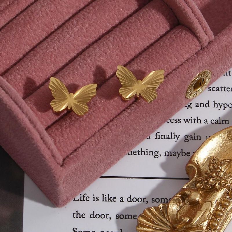 Manufacturer Custom High Quality Fashion Jewelry Waterproof Tarnish Free PVD 18K Gold Stud Earring 316 Stainless Steel Butterfly Earring