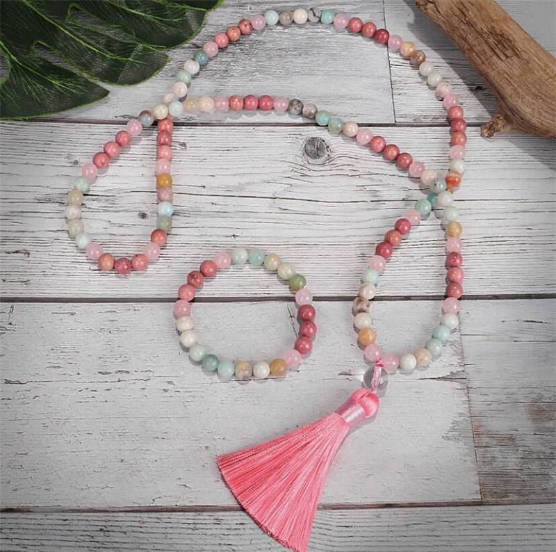 Natural 8mm Rhodochrosite Amazonite Beads Necklace Peaceful Heart 108 Bead Mala Jewelry Buddha Prayer Bracelet Necklace