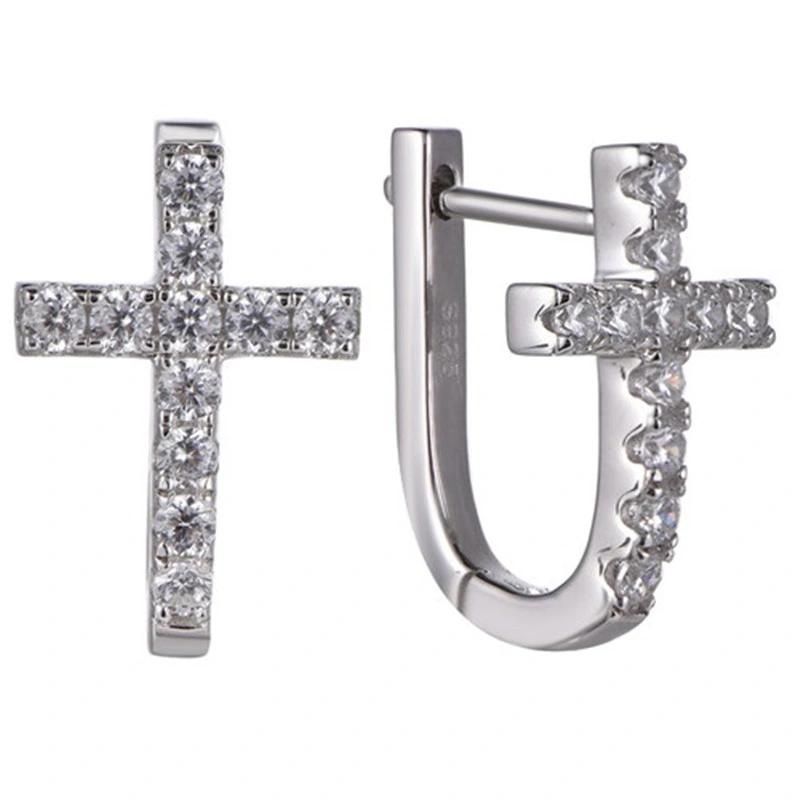 925 Silver CZ Wings Cross Earring with English Clasp