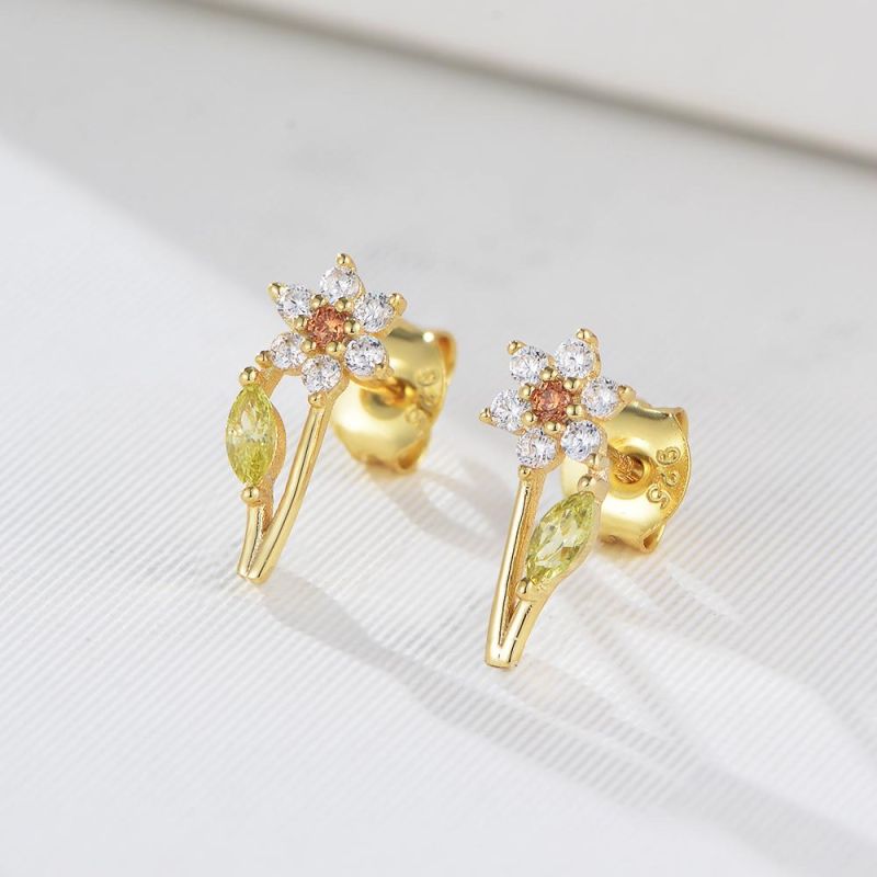 Fashion High Quality 925 Sterling Silver Gold Plated Flower Design Jewelry Stud Earrings