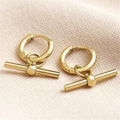 Geometric Stainless Steel T-Bar Huggie Hoop Earrings in 18K Gold Plated