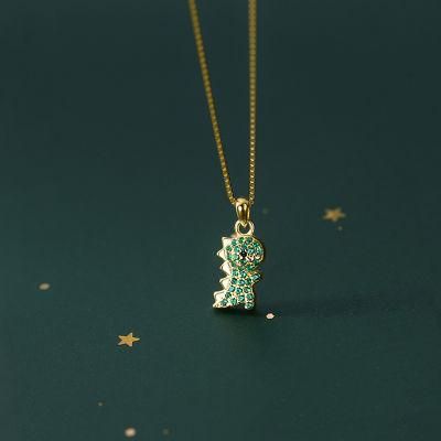 925 Sterling Silver Cute Dinosaur Green Zircon Pendant Clavicle Chain Necklace Women Girls Fashion Jewelry