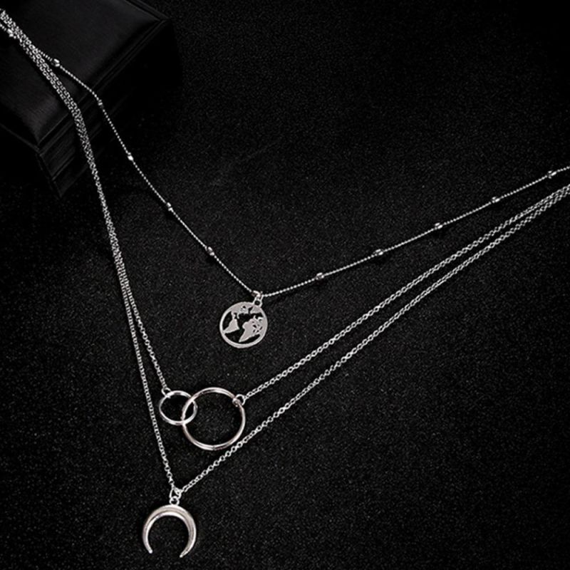 Bohemian Women Multi Layer Choker Necklace with Map Moon Pendant