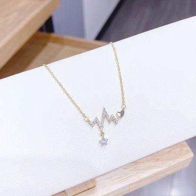 2021 Fashion Design 14K Real Gold Signal Fluctuation Shape Necklace Micro Pave Diamond Pendant Necklace