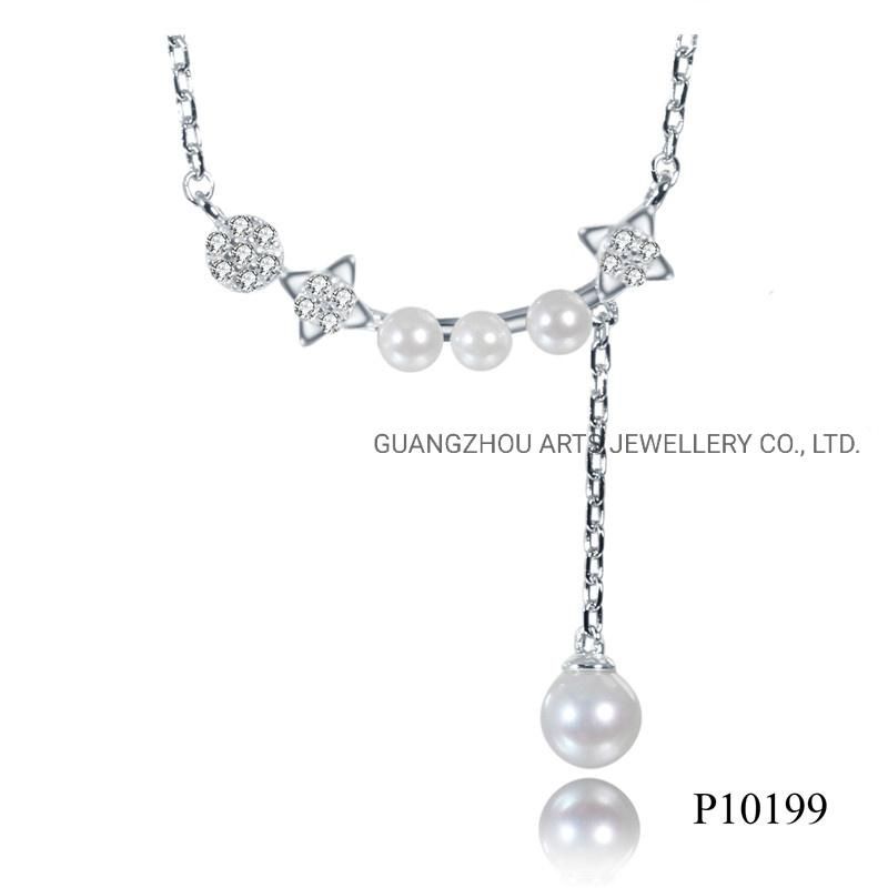 Fashion Silver Jewelry Long Chain Elegant Flower Pearl Necklace