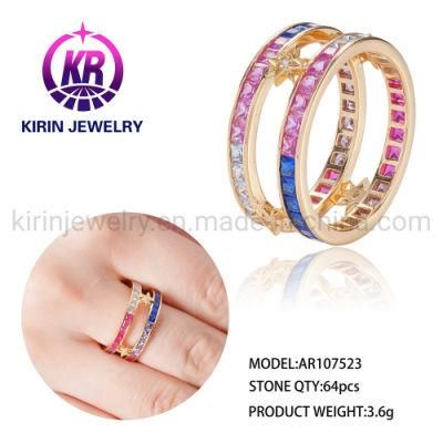 Rainbow Crystal Multi Color Zircon CZ Ring S925 Baguette Ring 925 Sterling Silver Ring Two Row Rainbow Eternity Rings for Women