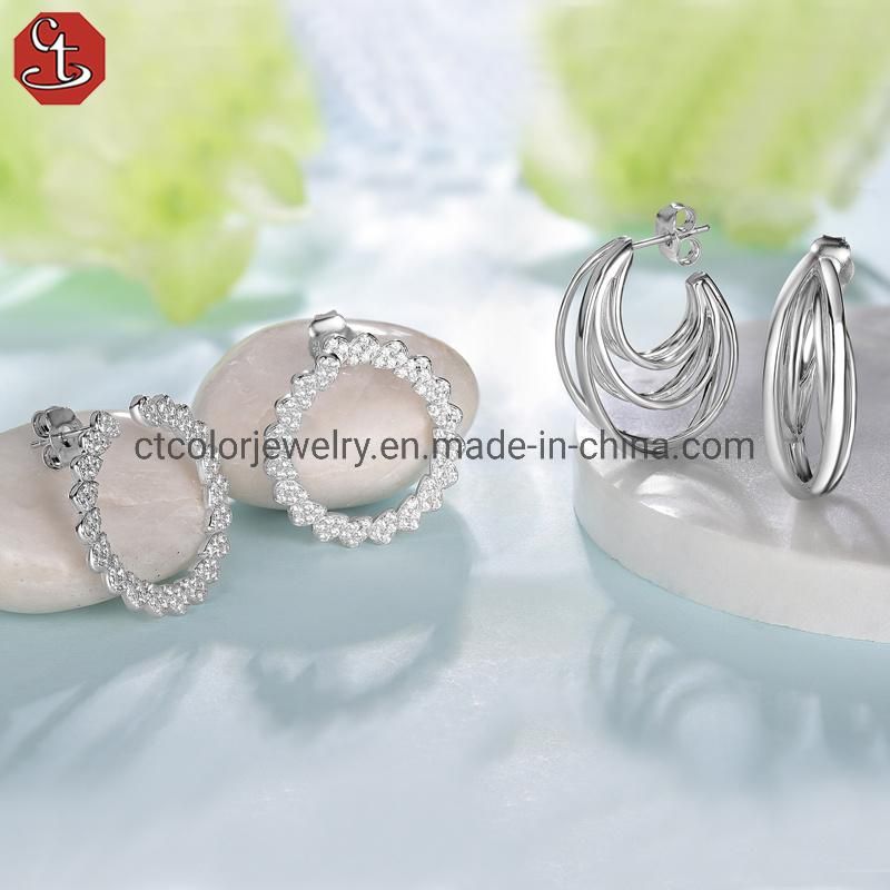 Fashion Jewelry White Cubic Zircon Round White Rhodium Earrings for Women