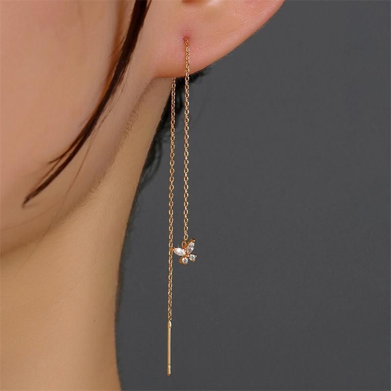 Wholesale Manufacture Fashion Jewelry Gold Plated Brass Crystal Cubic Zircon Butterfly Drop Long Thread Line Threader Earrings for Women Girl Bijoux or Annivers