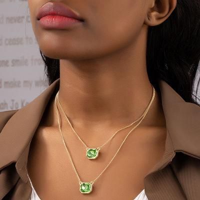 Manufacture Simple 2 Rows Emerald Square Glass Stone Pendant Necklace for Fashion Women Jewelry