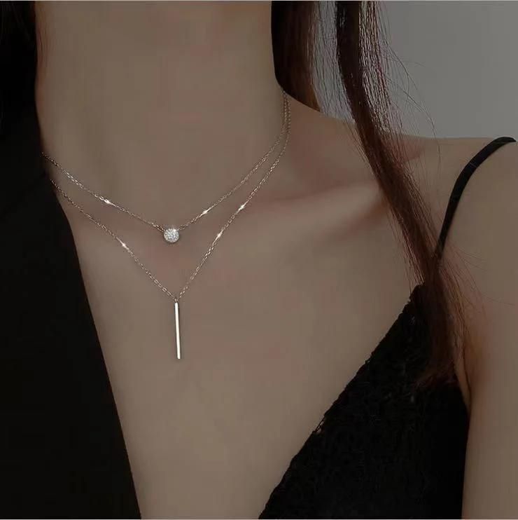 Long Strip Flashing Diamond Round Double Necklace Ladies Clavicle Chain Exquisite Jewelry