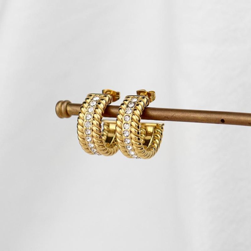 Fashion Jewelry Shop Two Rows of CZ Stone Stainless Steel Hoop Earrings