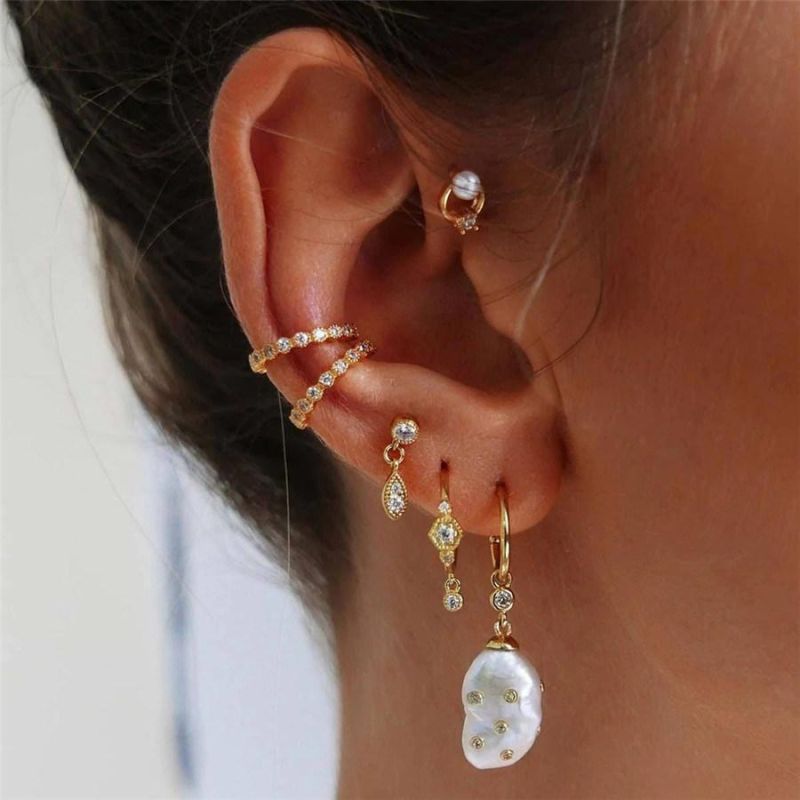 Organic Pearl with Cubic Zircon 18K Gold Plated Huggie Earring for Female Fashion Jewelry