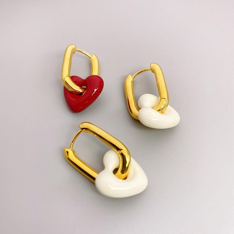 Gold U-Shaped Earrings with Enamel Glazed Peach Heart Earring