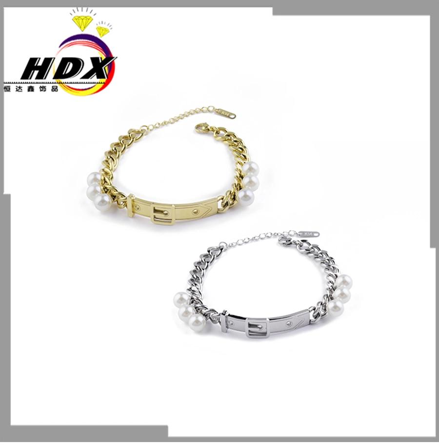 Women′s Stainless Steel Jewelry Inlaid Pearl Bracelet Gold Cuban Bracelet