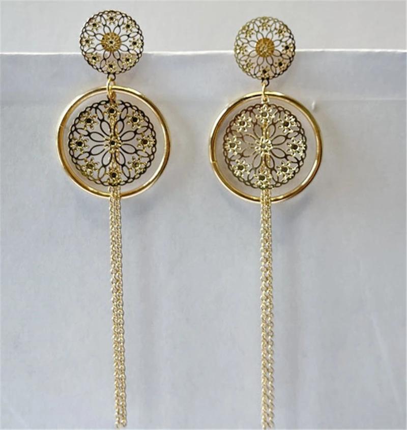 Round Filigree Cut out Long Chain Drop Stud Earring with Round Circle Ears for Fashion Accessories Bijoux