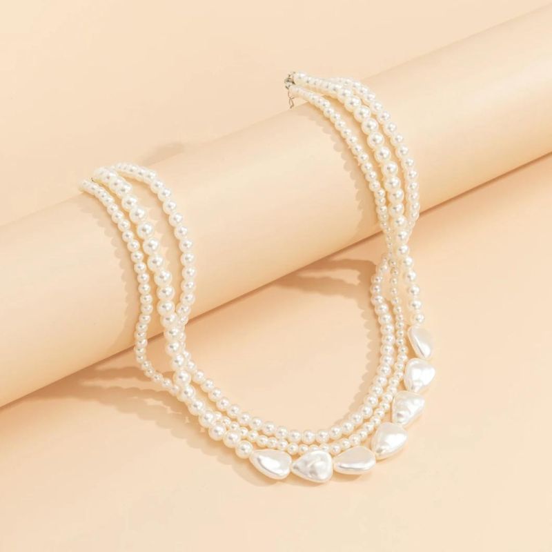 Big Small Imitation Baroque Pearl Chain Jewelry 3 Layer Beaded Pearl Choker Necklace