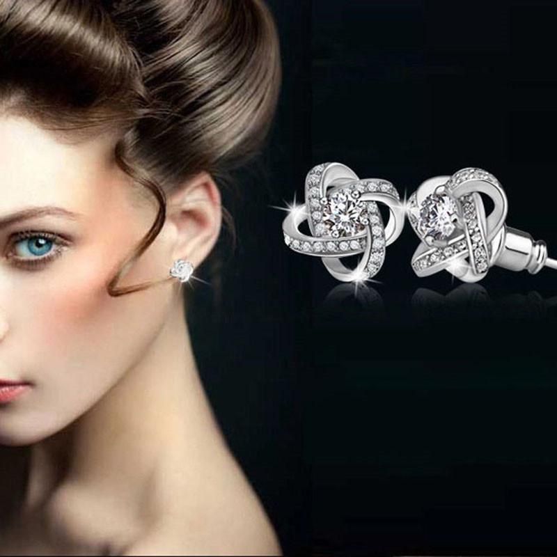 Crystal 925 Sterling Silver Knot Flower Earrings Women Fashion Wedding Jewelry