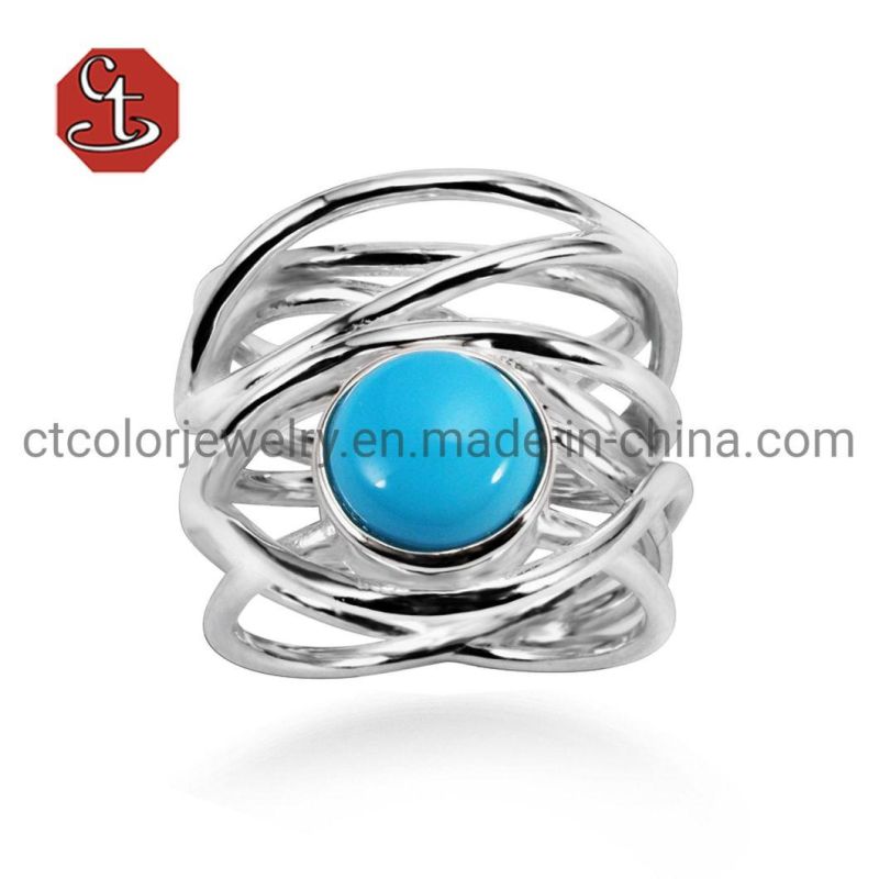 Silver Ring with Created Gem Stone Turquoise Stone Metal Ring