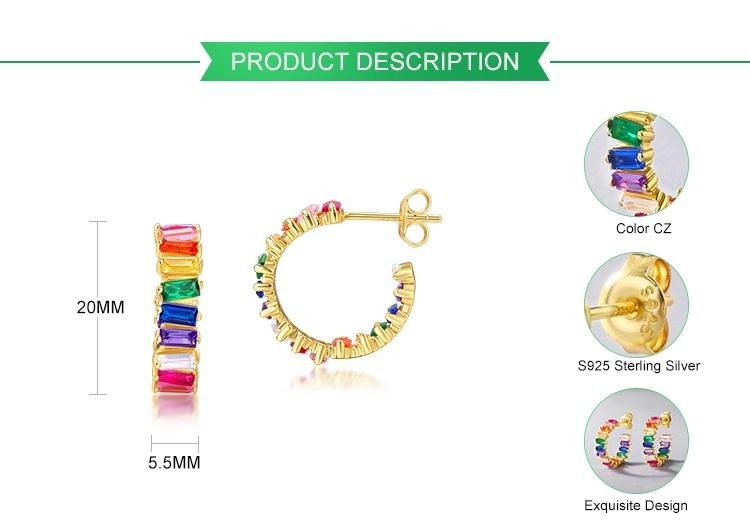 New Arrival Fashion Luxury 925 Sterling Silver Jewelry High Quality Colorful Stone Rainbow Baguette CZ Stud Earrings for Women