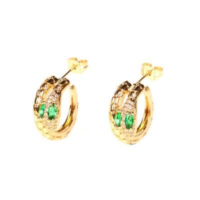 Wholesale Fashion Custom Women Jewelry Multi-Color Green Zirconia Gold Plated Textured Hoop Snake Earrings