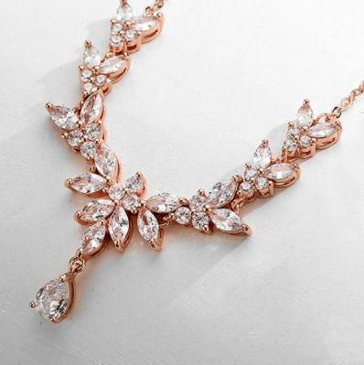 Wedding Big Oval Pear CZ Necklace Jewelry. Bridal Pear CZ Earring Necklace Jewelry, Rose Gold Earring Necklace.