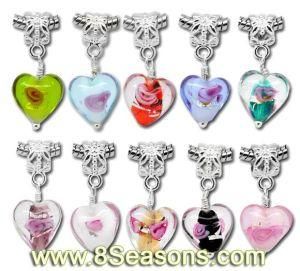 Mixed Foil Lampwork Glass Flower Heart Charm Dangle Beads Fit European Charm 28x12mm, 20PCS Per Package (B09908)