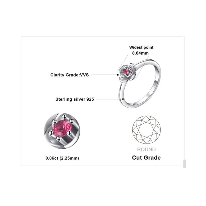 Rose in Bloom Round Red Created Ruby Ring Promise Love Jewelry 925 Sterling Silver Jewelry
