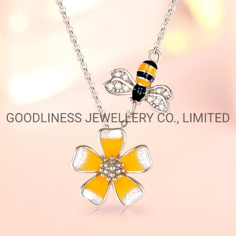 925 Silver Fine Women Jewelry Enemel Bee&Flower Pendant Necklace